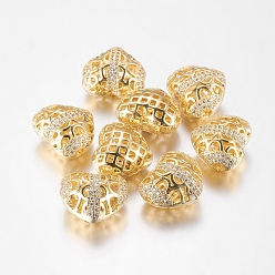 Золотой Латунные шарики циркония кубической, полый, сердце, золотые, 13x15.5x9 мм, отверстие : 2 мм