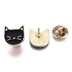 Black Alloy Brooches, Enamel Pin, with Brass Butterfly Clutches, Cat Shape, Light Gold, Black, 14.5x14x2mm, Pin: 1mm
