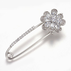 Platinum Brass Micro Pave Cubic Zirconia Safety Brooch, Flower, Clear, Platinum, 58x21mm, Pin: 1.5mm