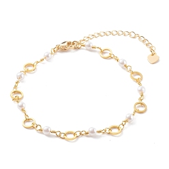 Real 18K Gold Plated Brass Ring Link Chain Bracelets, with Round Glass Beads and Lobster Claw Clasps, White, Real 18K Gold Plated, 7-5/8 inch(19.5cm)