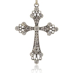 Cristal Alliage strass gros pendentifs, clenchee croix latine, argent antique, cristal, 73x51x5mm, Trou: 3mm