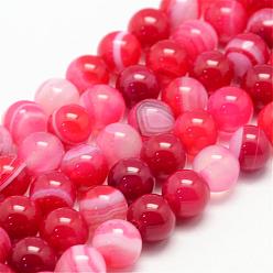Cerise Natural Striped Agate/Banded Agate Bead Strands, Round, Grade A, Dyed, Cerise, 6mm, Hole: 1mm, about 62~63pcs/strand, 14.5 inch