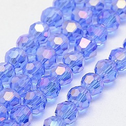 Aciano Azul Abalorios de vidrio electrochapa, color de ab, facetado (32 facetas), rondo, azul aciano, 8 mm, agujero: 1 mm, sobre 70~72 unidades / cadena, 22.6 pulgada