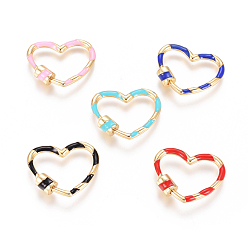 Mixed Color Golden Plated Brass Screw Carabiner Lock Charms, with Enamel, for Necklaces Making, Long-Lasting Plated, Heart, Mixed Color, 22x26.5x5.3mm, Screw: 6.5x5.3mm