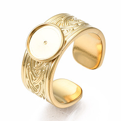 Golden 304 Stainless Steel Open Cuff Finger Ring Cabochon Settings, Flat Round, Golden, US Size 7 1/4(17.5mm), Tray: 8mm