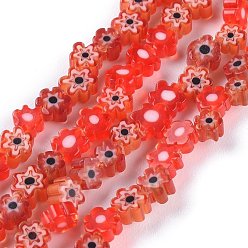 Rouge Main millefiori perles de verre brins, fleur, rouge, 3.7~5.6x2.6mm, trou: 1mm, environ 88~110 pcs/chapelet, 15.75'' (40 cm)
