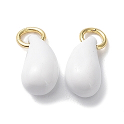 White Brass Enamel Charms, with Jump Ring, Lead Free & Cadmium Free, Real 18K Gold Plated, Teardrop Charm, White, 12x6x7mm, Hole: 3.4mm