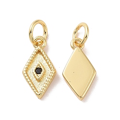 Real 18K Gold Plated Rack Plating Brass Micro Pave Black Cubic Zirconia Charms, with Jump Ring, Long-Lasting Plated, Cadmium Free & Lead Free, Rhombus, Real 18K Gold Plated, 13x6.5x2mm, Hole: 3mm