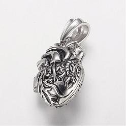 Antique Silver 304 Stainless Steel Locket Pendants, Cage Pendants, with Magnetic, Heart, Antique Silver, 35x23x16mm, Hole: 7.5x13mm, inner diameter: 14.5x24.5mm