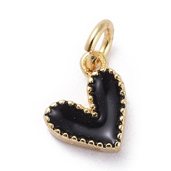 Noir Charmes d'émail, avec les accessoires en laiton, cœur, réel 18 k plaqué or, noir, 9x7x2.5mm, Trou: 2.5mm