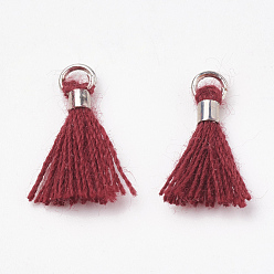 Brown Polycotton(Polyester Cotton) Tassel Pendant Decorations, Mini Tassel, with Brass Findings, Platinum, Brown, 10~15x3~4mm, Hole: 2mm