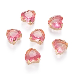 Pink Cose en el rhinestone, diamantes de imitación de cristal, Con ajustes de puntas de latón en tono dorado., accesorios de prendas de vestir, facetados, corazón, rosa, 12x11.5x7 mm, agujero: 1 mm