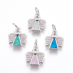 Mixed Color Brass Cubic Zirconia Pendants, with Synthetic Opal, Angel, Platinum, Mixed Color, 14.5x12x2.5mm, Hole: 4mm