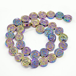 Multi-color Plated Electroplate Gorgeous Flat Round Carved Rose Non-magnetic Synthetic Hematite Beads Strands, Multi-color Plated, 12x4mm, Hole: 1mm, about 34pcs/strand, 15.7 inch