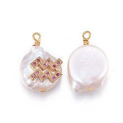 Aquarius Natural Cultured Freshwater Pearl Pendants, with Brass Micro Pave Cubic Zirconia Findings, Nuggets with Constellation, Golden, Fuchsia, Aquarius, 17~22x11~16x5~11mm, Hole: 1.6mm