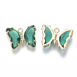 Sea Green Glass Pendants, with Micro Pave Cubic Zirconia and Brass Open Back Settings, Faceted, Butterfly, Light Gold, Sea Green, 15.5x20x4mm, Hole: 1.8mm