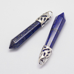 Lapis Lazuli Lapis lazuli naturel gros pendentifs pointus, avec les accessoires en alliage, balle, platine, 57~63x13x10mm, Trou: 3x4mm