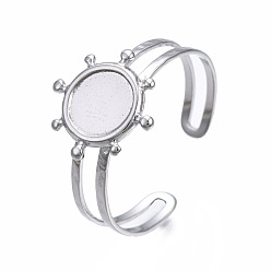 Stainless Steel Color 304 Stainless Steel Open Cuff Finger Ring Cabochon Settings, Flat Round, Stainless Steel Color, US Size 9(18.9mm), Tray: 7mm