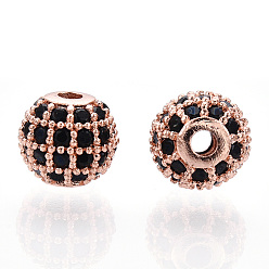 Rose Gold Rack Plating Brass Cubic Zirconia Beads, Long-Lasting Plated, Round, Rose Gold, 6x6mm, Hole: 1.5mm