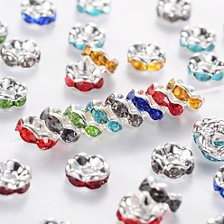 Mixed Color Brass Rhinestone Spacer Beads, Grade AAA, Wavy Edge, Nickel Free, Silver Color Plated, Rondelle, 6x3mm, Hole: 1mm