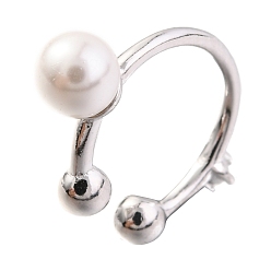 Platinum Rhodium Plated 925 Sterling Silver Cuff Earrings, with Cubic Zirconia and Shell Pearl Round Beads, with S925 Stamp, White, Platinum, 10.5x16x4mm