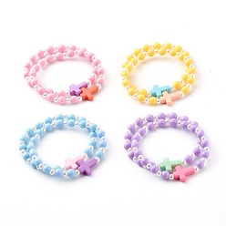 Couleur Mélangete Bracelets de perles extensibles acryliques opaques pour enfants, avec perles en plastique imitation abs, rond et croix, couleur mixte, diamètre intérieur: 1-3/4 pouce (4.6 cm)