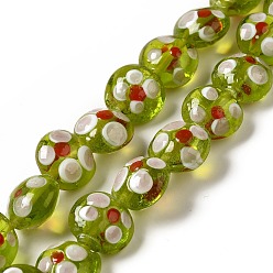 Olive Terne Brins de perles à chalumeau manuels, plat rond, vert olive, 12~14x12.5~13.5x7~8.5mm, Trou: 1.5mm, Environ 33 pcs/chapelet, 16.46 pouce (41.8 cm)