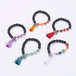 Mixed Stone Tassel Charm Bracelets, with Alloy Findings and Gemstone Beads, Round & Nuggets & Ring with Tree of Life, 2-1/8 inch(55mm)