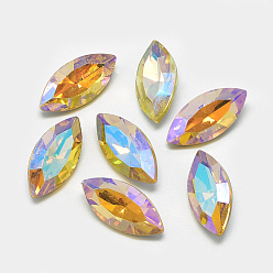 Gold Pointed Back Glass Rhinestone Cabochons, Back Plated, Faceted, AB Color Plated, Horse Eye, Gold, 15x7x4mm