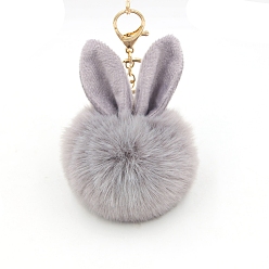 Dark Gray Easter Rabbit Faux Fluffy Ball Pendant Keychains, with Alloy Finding, Dark Gray, 90~100mm
