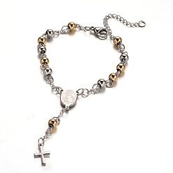 Golden & Stainless Steel Color Rosary Bead Bracelets with Cross, 201 Stainless Steel Bracelet for Easter, Oval with Virgin Mary, Golden & Stainless Steel Color, 7-1/2 inch(190mm)
