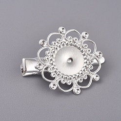 Silver Hair Accessories Iron Alligator Hair Clip Findings, with Brass Filigree Flower Cabochon Bezel Settings, Silver Color Plated, Tray: 12mm, 34.5mm, Flower: 28mm