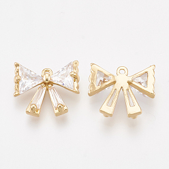Real 18K Gold Plated Brass Cubic Zirconia Charms, Bowknot, Clear, Real 18K Gold Plated, 11x12.5x3mm, Hole: 0.8mm