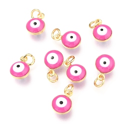 Hot Pink Brass Enamel Charms, Real 18K Gold Plated, Long-Lasting Plated, with Jump Ring, Evil Eye, Hot Pink, 9.5x6.5x4.5mm, Hole: 2.5mm