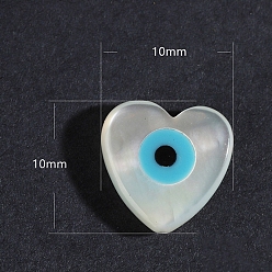 Heart Natural White Shell Beads, with Enamel, Cultured Freshwater Shell Evil Eye Beads, Sky Blue, Heart, 10x10mm