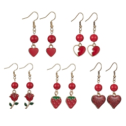 Roja Pendientes colgantes de aleación de esmalte y jade mashan teñido natural, 304 aretes colgantes de acero inoxidable para el día de San Valentín, forma mixta, rojo, 44~51x10~11 mm
