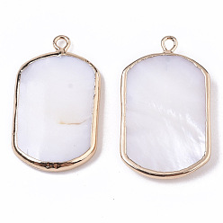 Seashell Color Natural Freshwater Shell Pendants, with Brass Loops, Edge Golden Plated, Rounded Rectangle, Seashell Color, 28~29x16~17x3~4mm, Hole: 1.8mm