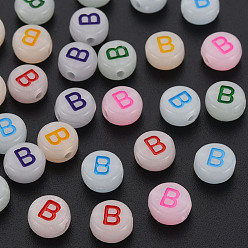 Letter B Acrylic Beads, Glow in the Dark, with Enamel and Luminous, Horizontal Hole, Flat Round with Alphabet, Letter.B, 6.5x7x4mm, Hole: 1.6mm, about 3600pcs/500g