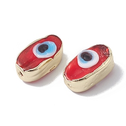 FireBrick Brass Beads, with Enamel, Real 18K Gold Plated, Oval with Evil Eye, FireBrick, 14x8x6mm, Hole: 1.4mm