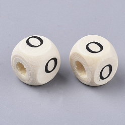 Letter O Printed Natural Wood Beads, Horizontal Hole, Cube with Initial Letter, PapayaWhip, Letter.O, 10x10x10mm, Hole: 3.5mm, about 1000pcs/500g