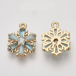 Real 18K Gold Plated Brass Cubic Zirconia Charms, Snowflake, Pale Turquoise & Clear, Nickel Free, Real 18K Gold Plated, 13x11x3mm, Hole: 1mm