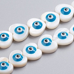 Bleu Dodger Chapelets de perles de coquillage naturel, avec l'émail, coeur avec le mauvais œil, Dodger bleu, 11x12x4.5mm, Trou: 0.6mm, Environ 35 pcs/chapelet, 15.16 pouce (38.5 cm)