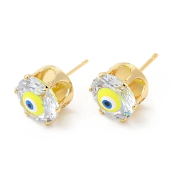 Yellow Flat Round Glass with Enamel Evil Eye Stud Earrings, Real 18K Gold Plated Brass Jewelry for Women, Yellow, 11mm, Pin: 0.8mm
