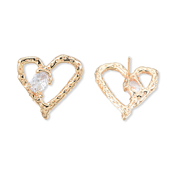 Real 18K Gold Plated Clear Cubic Zirconia Heart Stud Earrings, Brass Jewelry for Women, Cadmium Free & Nickel Free & Lead Free, Real 18K Gold Plated, 19.5x20mm, Pin: 0.7mm