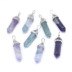 Fluorite Natural Fluorite Double Terminated Pointed Pendants, with Platinum Tone Alloy Findings, Bullet, 39x10x12mm, Hole: 3x5mm