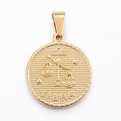 Libra Real 18K Gold Plated 304 Stainless Steel Pendants, Flat Round with Twelve Constellation/Zodiac Sign, Libra, 29x25x3.2mm, Hole: 9x4.5mm