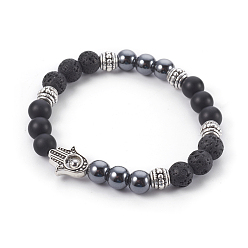 Lava Rock Natural Lava Rock and Black Agate(Dyed) Stretch Bracelets, with Non-Magnetic Synthetic Hematite, 304 Stainless Steel Beads and Alloy Beads, Palm, 2-1/4 inch(5.8cm)