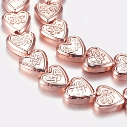 Rose Gold Plated Non-magnetic Synthetic Hematite Beads Strands, Heart with Chinese Knot, Rose Gold Plated, 8x8x2.5mm, Hole: 1mm, about 55pcs/strand, 15.9 inch(40.5cm)