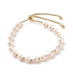 White Round Natural Pearl Slide Bracelets, Bolo Bracelets, with 304 Stainless Steel Box Chains, Golden, White, Inner Diameter: 1-3/4~3-3/8 inch(4.3~8.5cm)