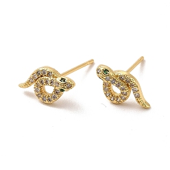 Real 18K Gold Plated Rack Plating Brass Micro Pave Clear Cubic Zirconia Snake Stud Earrings, Long-Lasting Plated, Lead Free & Cadmium Free, Real 18K Gold Plated, 12x6.5x2.5mm, Pin: 0.7mm